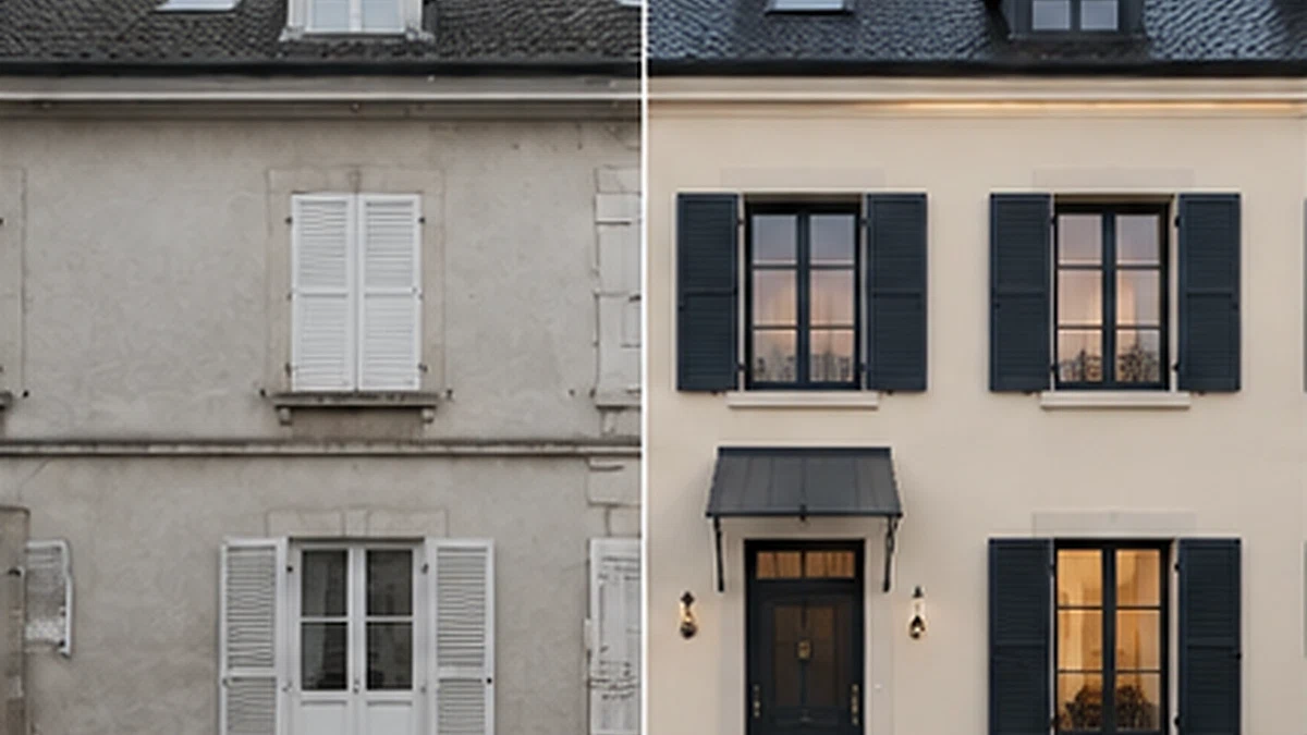 Façade avant et après rénovation — illustration IA Hortenns TCE